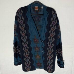 Vintage Millma Bolivia Teal Black Purple Hand Loomed Alpaca Oversized Cardigan M